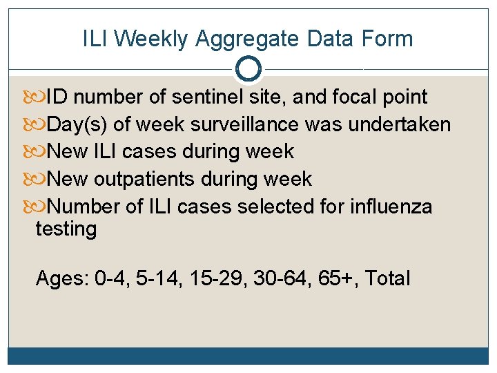 ILI Weekly Aggregate Data Form ID number of sentinel site, and focal point Day(s)