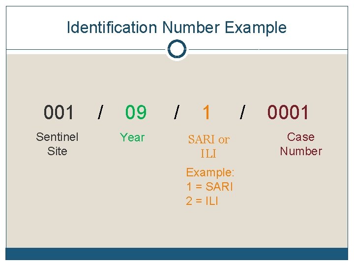 Identification Number Example 001 / 09 / 1 / 0001 Sentinel Site Year SARI