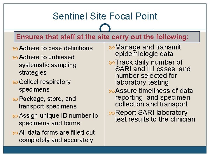 Sentinel Site Focal Point Ensures that staff at the site carry out the following: