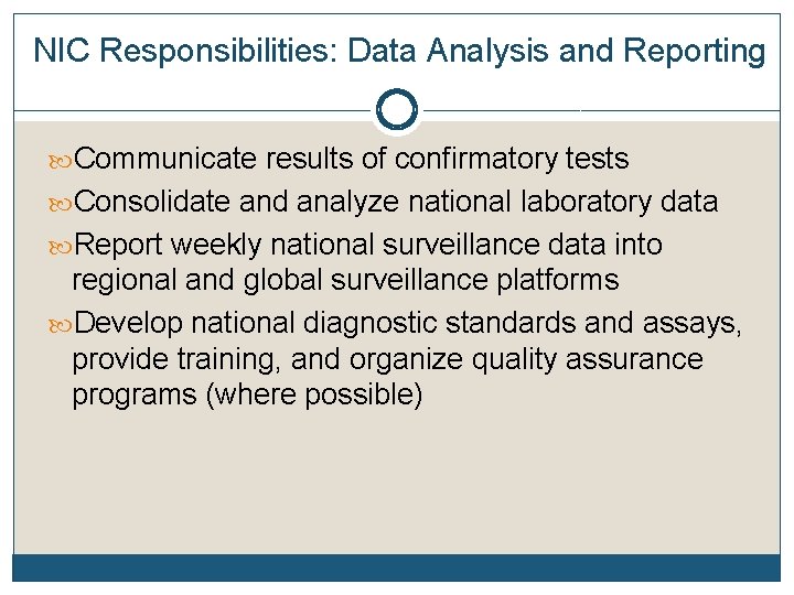 NIC Responsibilities: Data Analysis and Reporting Communicate results of confirmatory tests Consolidate and analyze