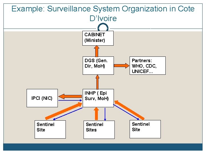 Example: Surveillance System Organization in Cote D’Ivoire CABINET (Minister) DGS (Gen. Dir, Mo. H)