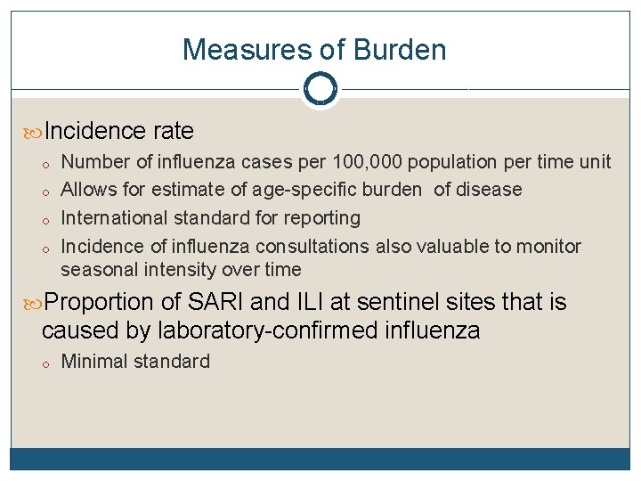 Measures of Burden Incidence rate o o Number of influenza cases per 100, 000