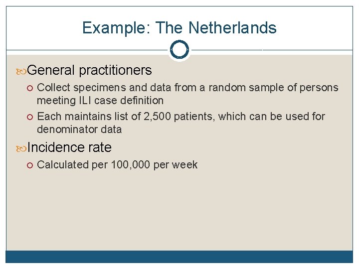 Example: The Netherlands General practitioners Collect specimens and data from a random sample of