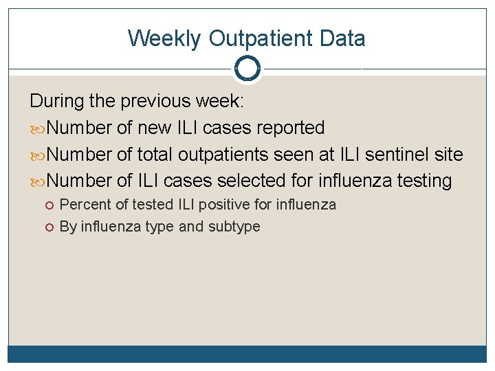 Weekly Outpatient Data During the previous week: Number of new ILI cases reported Number