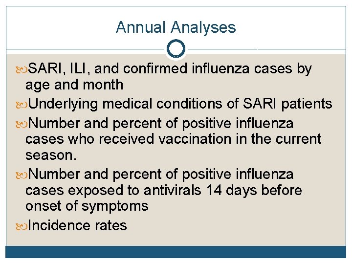 Annual Analyses SARI, ILI, and confirmed influenza cases by age and month Underlying medical