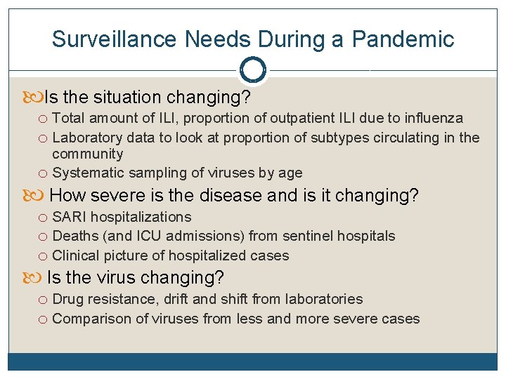 Surveillance Needs During a Pandemic Is the situation changing? o Total amount of ILI,