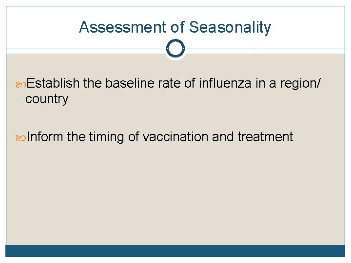 Assessment of Seasonality Establish the baseline rate of influenza in a region/ country Inform