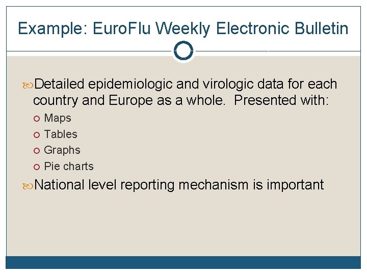Example: Euro. Flu Weekly Electronic Bulletin Detailed epidemiologic and virologic data for each country