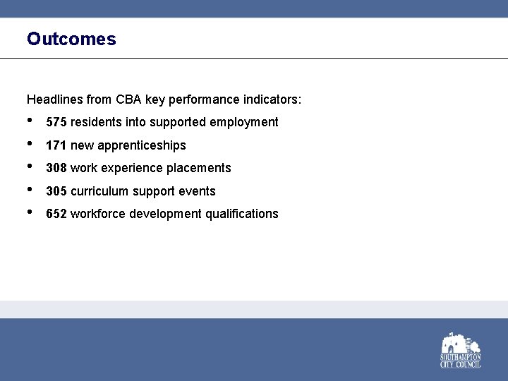 Outcomes Headlines from CBA key performance indicators: • • • 575 residents into supported