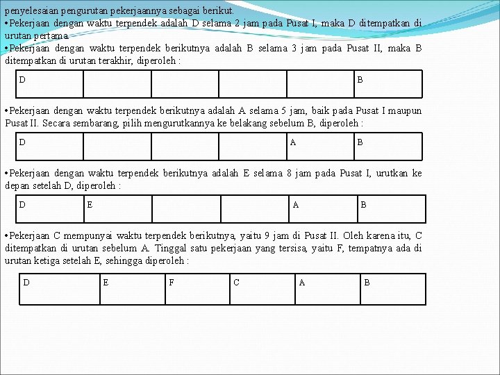 penyelesaian pengurutan pekerjaannya sebagai berikut. • Pekerjaan dengan waktu terpendek adalah D selama 2