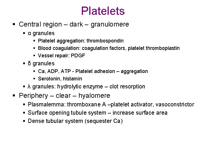 Platelets § Central region – dark – granulomere § α granules § Platelet aggregation: