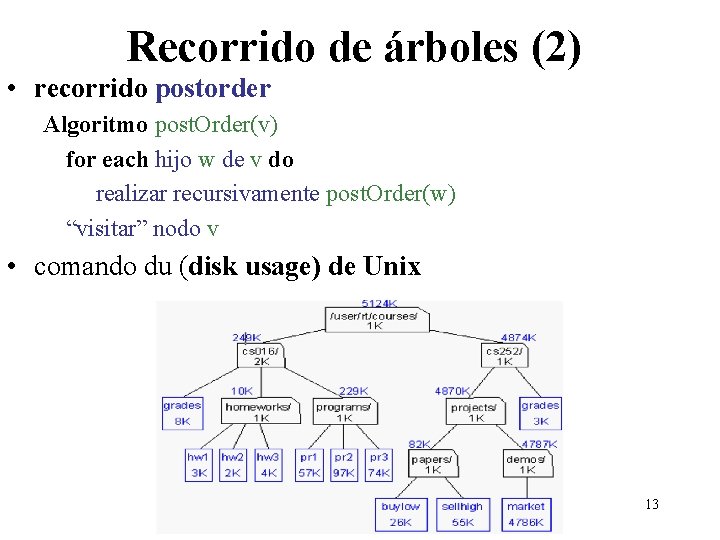 Recorrido de árboles (2) • recorrido postorder Algoritmo post. Order(v) for each hijo w