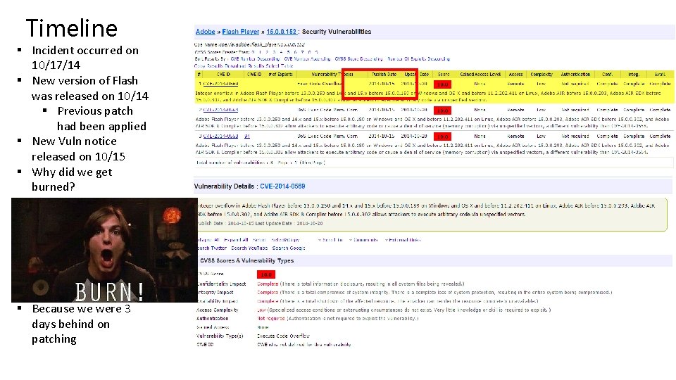Timeline § Incident occurred on 10/17/14 § New version of Flash was released on