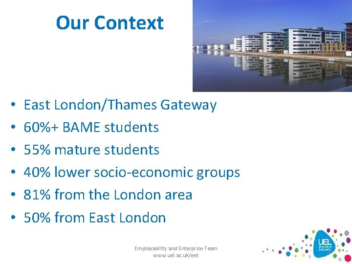 Our Context • • • East London/Thames Gateway 60%+ BAME students 55% mature students