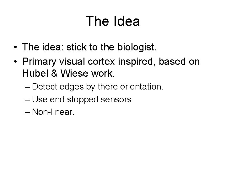 The Idea • The idea: stick to the biologist. • Primary visual cortex inspired,