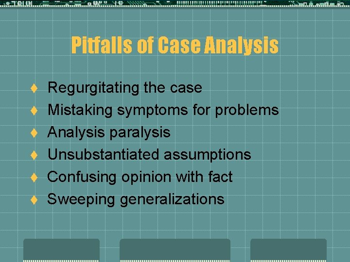 Pitfalls of Case Analysis t t t Regurgitating the case Mistaking symptoms for problems