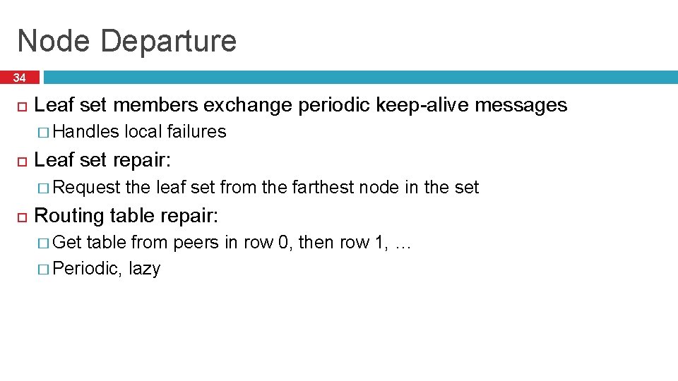 Node Departure 34 Leaf set members exchange periodic keep-alive messages � Handles Leaf set