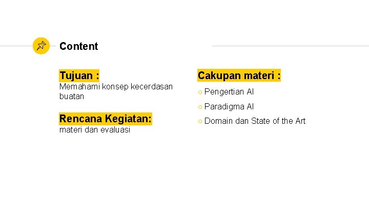 Content Tujuan : Cakupan materi : Memahami konsep kecerdasan buatan ○ Pengertian AI ○