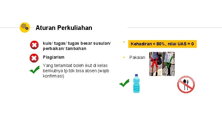 Aturan Perkuliahan kuis/ tugas besar susulan/ perbaikan/ tambahan § Kehadiran UAS == 00 Kehadiran<<80%,