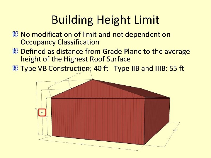 Building Height Limit No modification of limit and not dependent on Occupancy Classification Defined