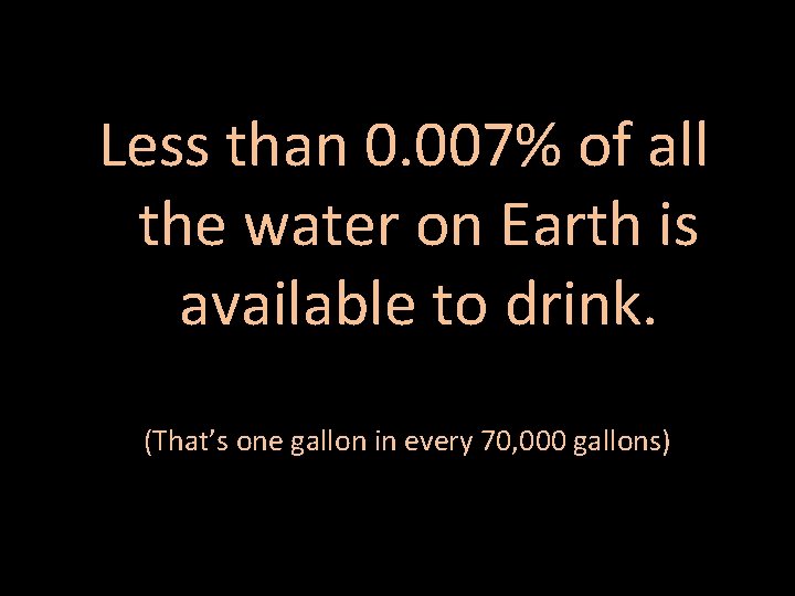 Less than 0. 007% of all the water on Earth is available to drink.