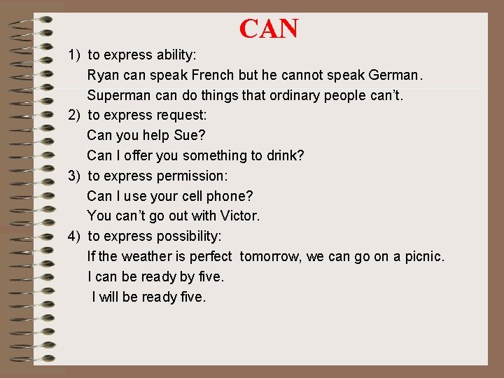 CAN 1) to express ability: Ryan can speak French but he cannot speak German.