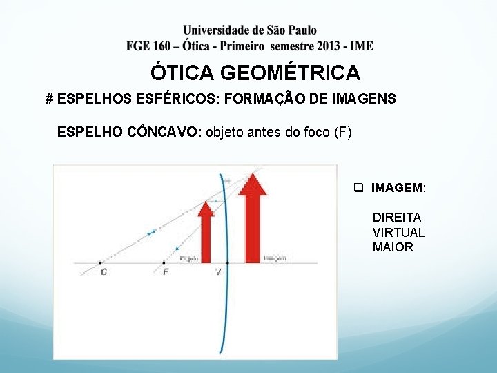 ÓTICA GEOMÉTRICA # ESPELHOS ESFÉRICOS: FORMAÇÃO DE IMAGENS ESPELHO CÔNCAVO: objeto antes do foco