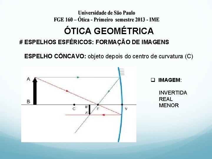 ÓTICA GEOMÉTRICA # ESPELHOS ESFÉRICOS: FORMAÇÃO DE IMAGENS ESPELHO CÔNCAVO: objeto depois do centro