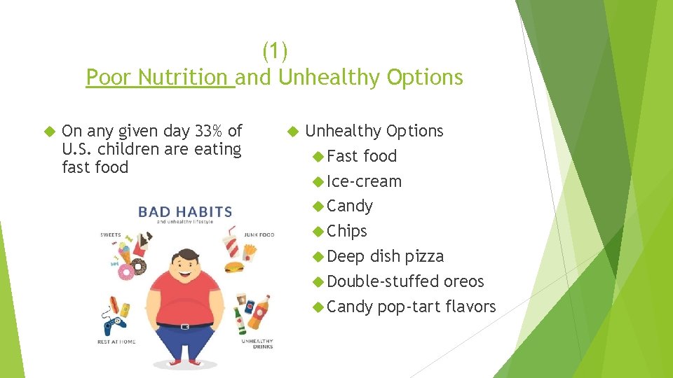 (1) Poor Nutrition and Unhealthy Options On any given day 33% of U. S.