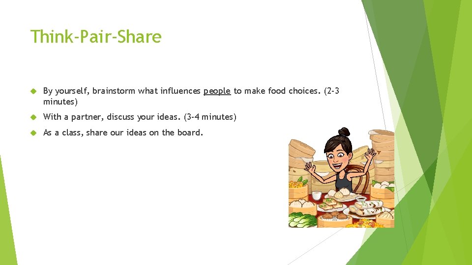 Think-Pair-Share By yourself, brainstorm what influences people to make food choices. (2 -3 minutes)