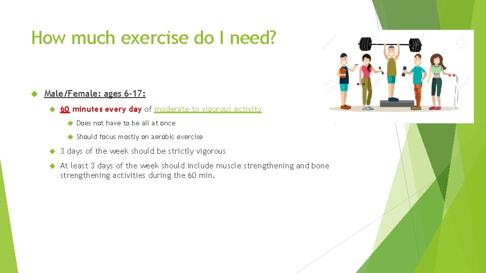 How much exercise do I need? Male/Female: ages 6 -17: 60 minutes every day