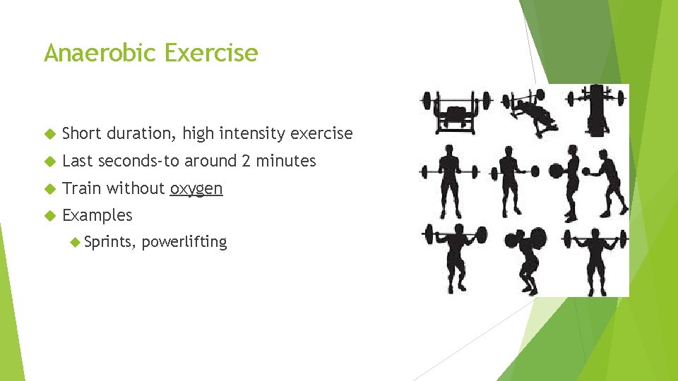 Anaerobic Exercise Short duration, high intensity exercise Last seconds-to around 2 minutes Train without