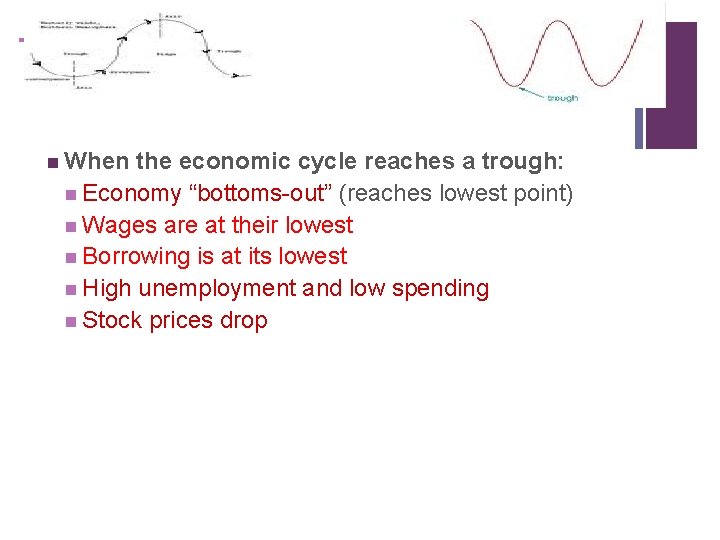 + Trough n When the economic cycle reaches a trough: n Economy “bottoms-out” (reaches