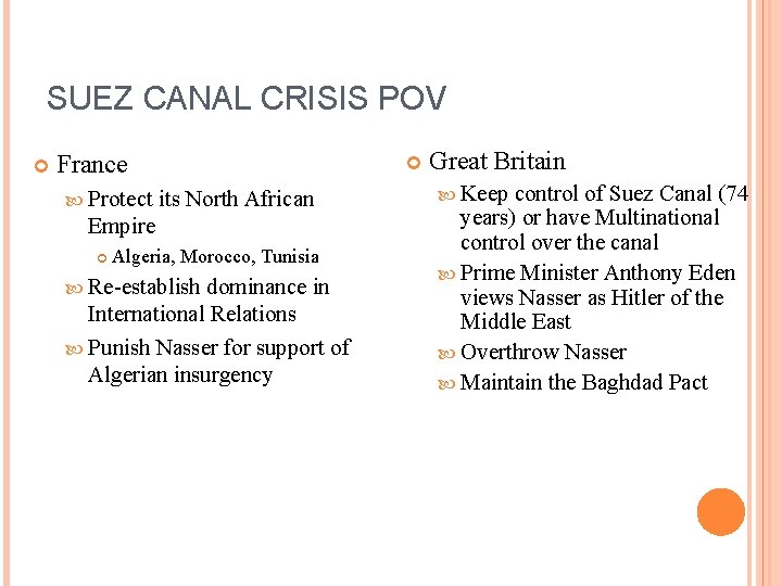 SUEZ CANAL CRISIS POV France Protect its North African Empire Algeria, Morocco, Tunisia Re-establish