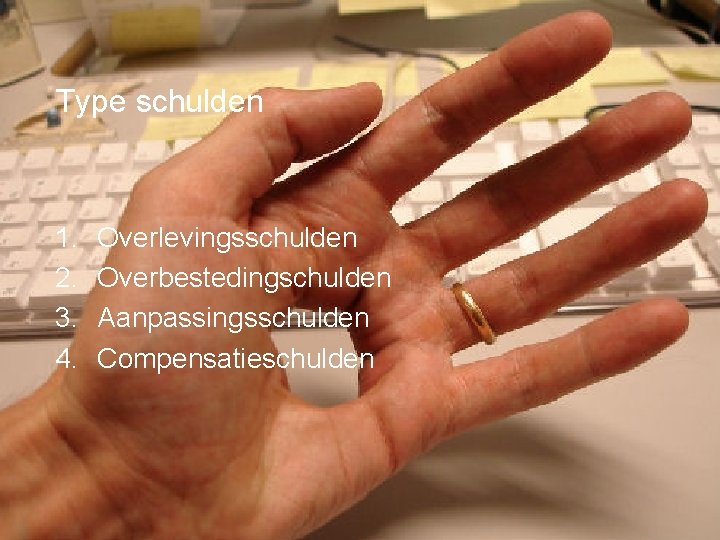 Type schulden 1. 2. 3. 4. Overlevingsschulden Overbestedingschulden Aanpassingsschulden Compensatieschulden 