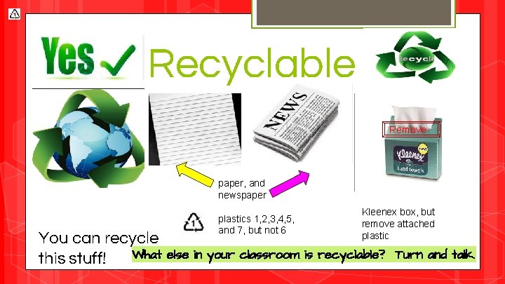 Recyclable Remove paper, and newspaper You can recycle What this stuff! plastics 1, 2,