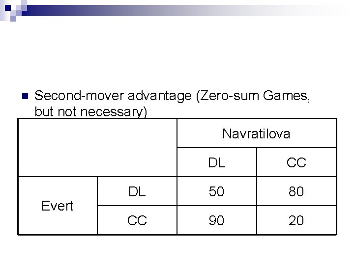 n Second-mover advantage (Zero-sum Games, but not necessary) Navratilova Evert DL CC DL 50 n Second-mover advantage (Zero-sum Games, but not necessary) Navratilova Evert DL CC DL 50