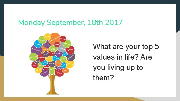 Monday September, 18 th 2017 What are your top 5 values in life? Are