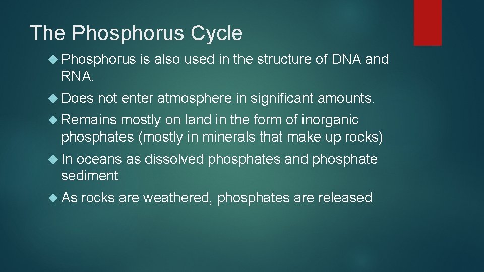 The Phosphorus Cycle Phosphorus is also used in the structure of DNA and RNA.