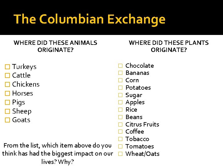 The Columbian Exchange WHERE DID THESE ANIMALS ORIGINATE? � Turkeys � Cattle � Chickens