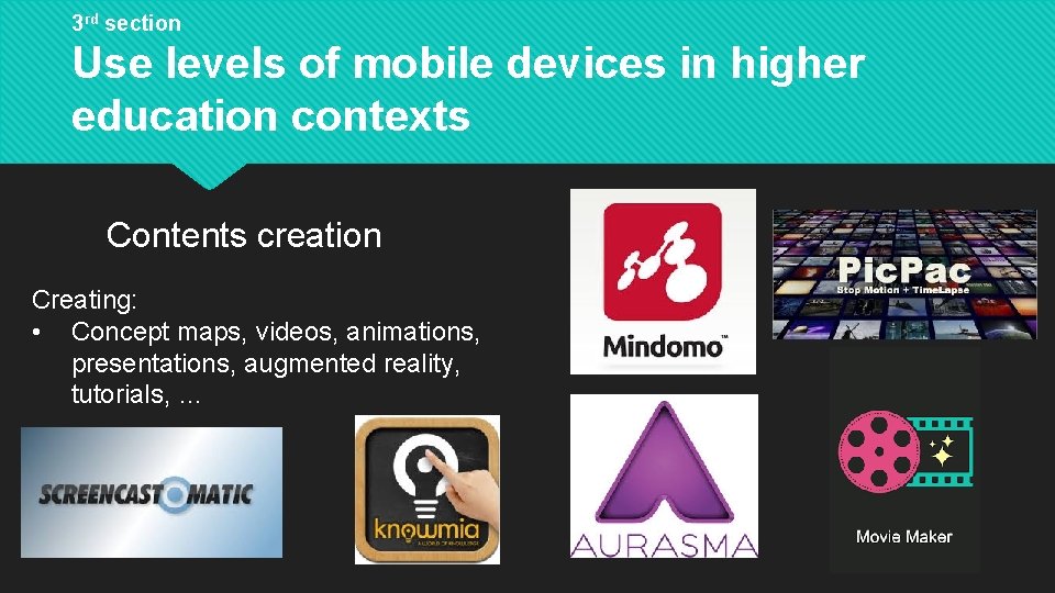 3 rd section Use levels of mobile devices in higher education contexts Contents creation