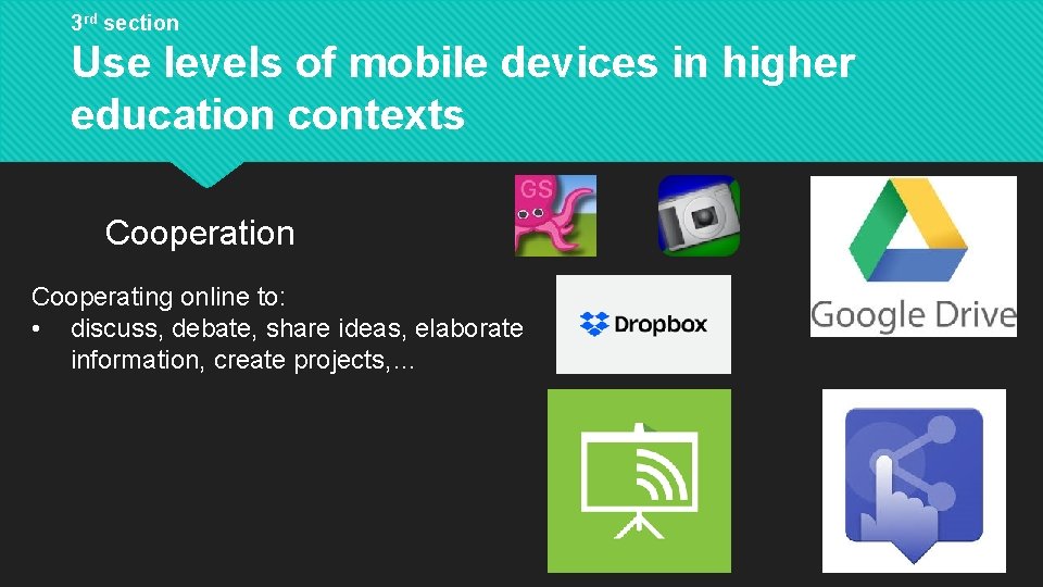 3 rd section Use levels of mobile devices in higher education contexts Cooperation Cooperating