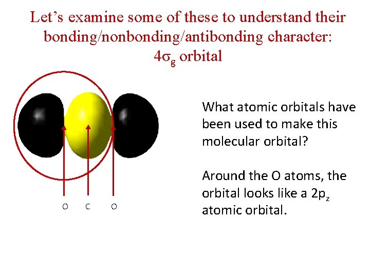 Let’s examine some of these to understand their bonding/nonbonding/antibonding character: 4σg orbital What atomic