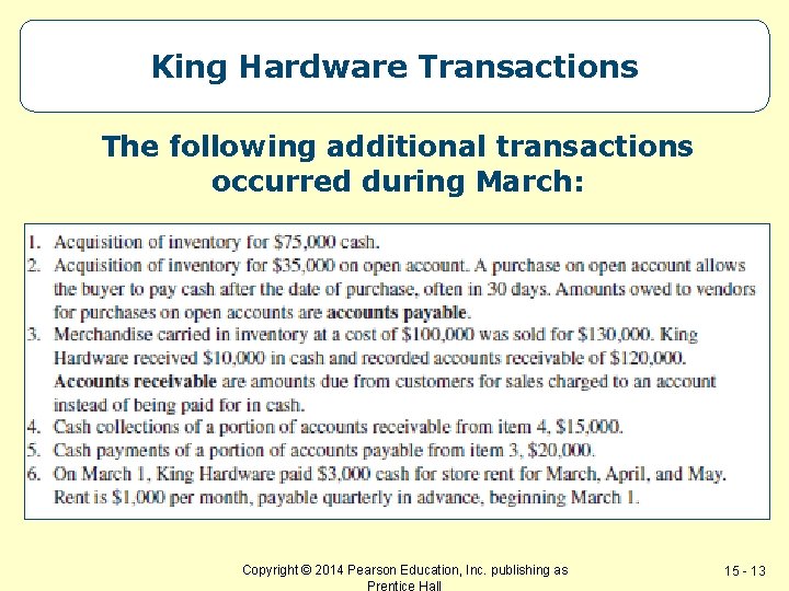 King Hardware Transactions The following additional transactions occurred during March: Copyright © 2014 Pearson