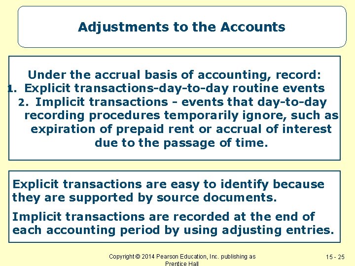 Adjustments to the Accounts Under the accrual basis of accounting, record: 1. Explicit transactions-day-to-day