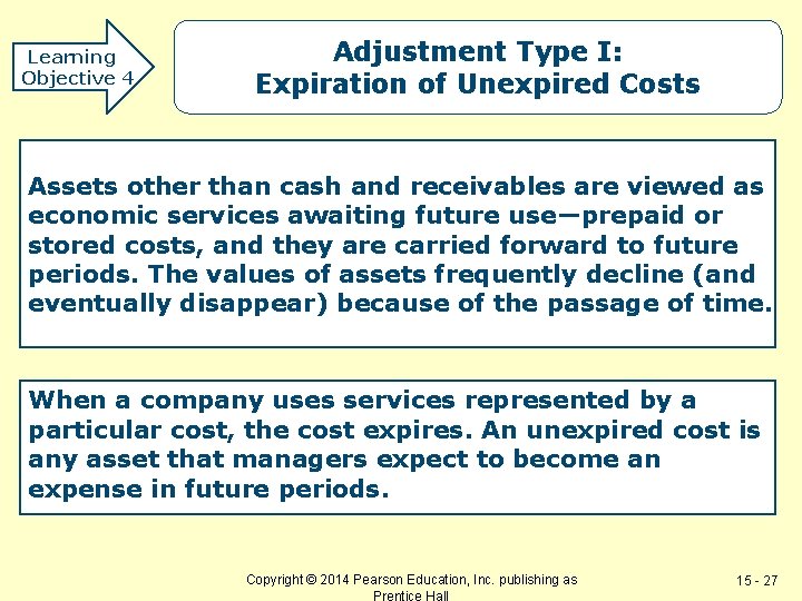 Learning Objective 4 Adjustment Type I: Expiration of Unexpired Costs Assets other than cash