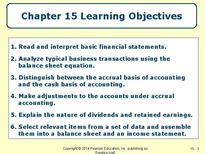Chapter 15 Learning Objectives 1. Read and interpret basic financial statements. 2. Analyze typical