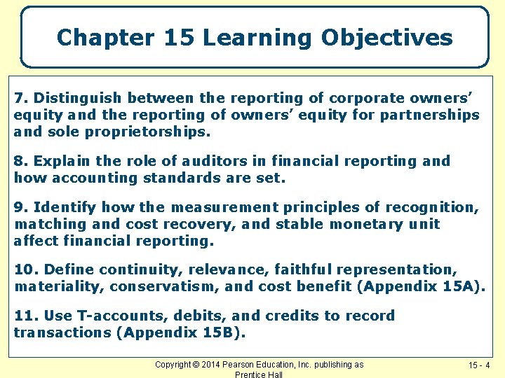 Chapter 15 Learning Objectives 7. Distinguish between the reporting of corporate owners’ equity and