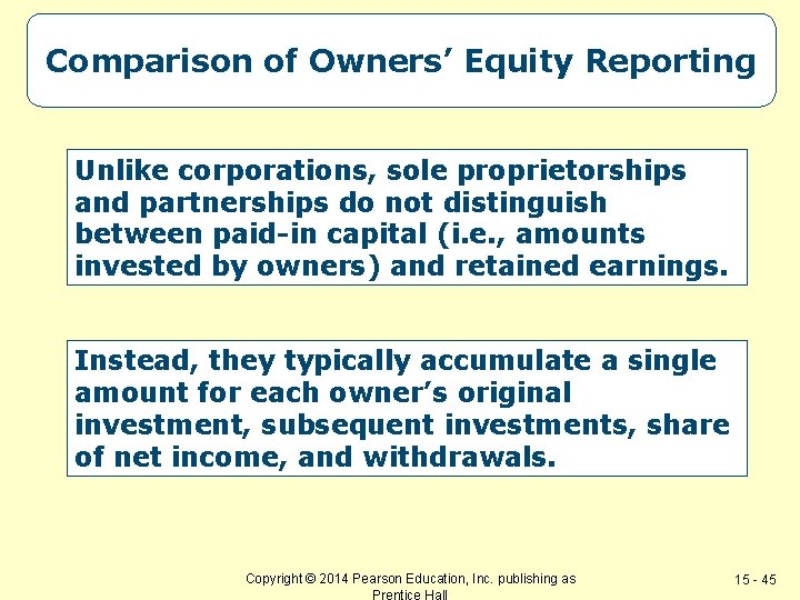 Comparison of Owners’ Equity Reporting Unlike corporations, sole proprietorships and partnerships do not distinguish