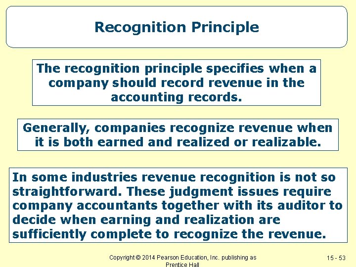 Recognition Principle The recognition principle specifies when a company should record revenue in the